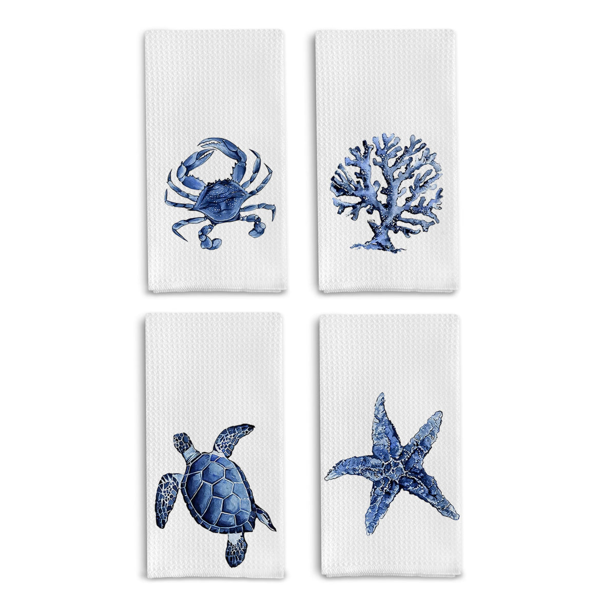 Qpenm coastal towels set folded to show textured waffle weave for durability