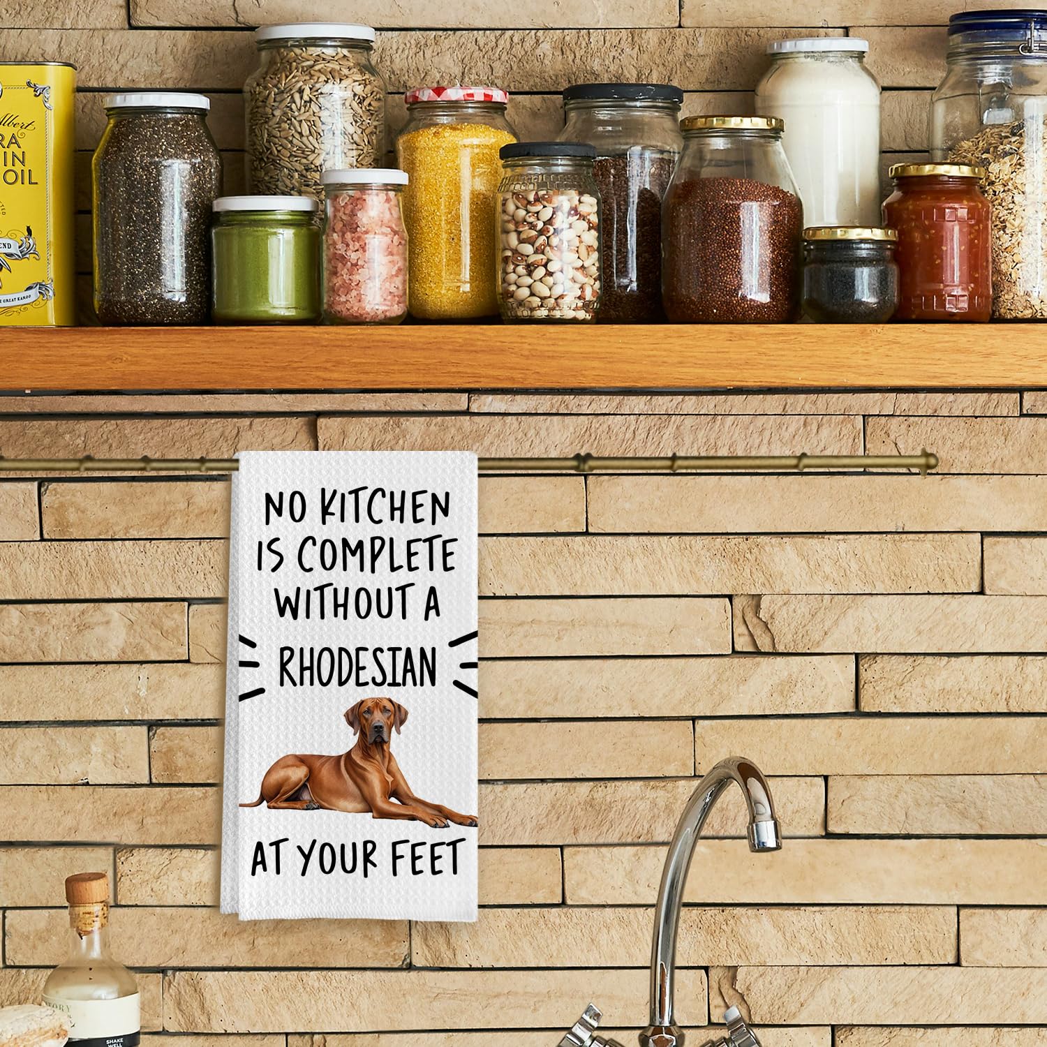 Qpenm Rhodesian Ridgeback towel draped over countertop shows absorbent waffle weave.