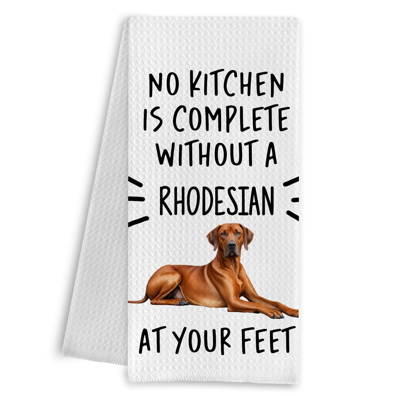 Qpenm Rhodesian Ridgeback kitchen towel front view with dog motif.