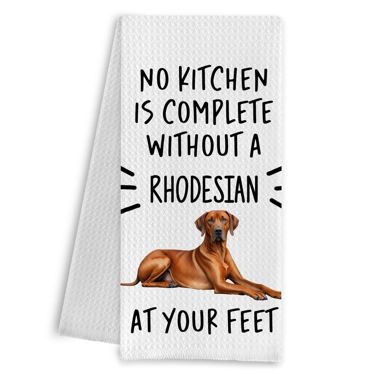 Qpenm Rhodesian Ridgeback kitchen towel front view with dog motif.