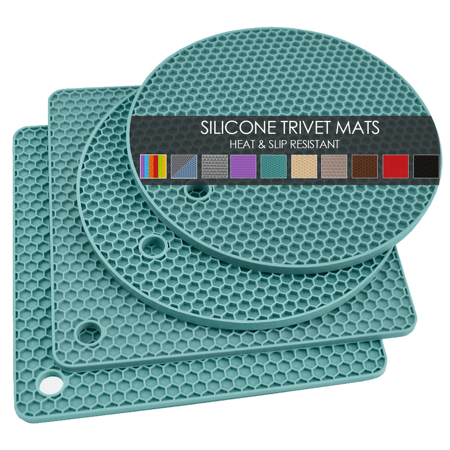 QPix Digital round dark green silicone trivet protects countertops while handling hot pots.