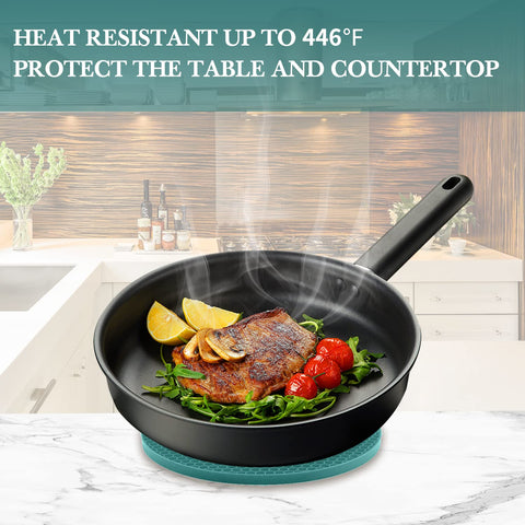 QPix Digital square dark green silicone trivet provides stable grip for hot pans.