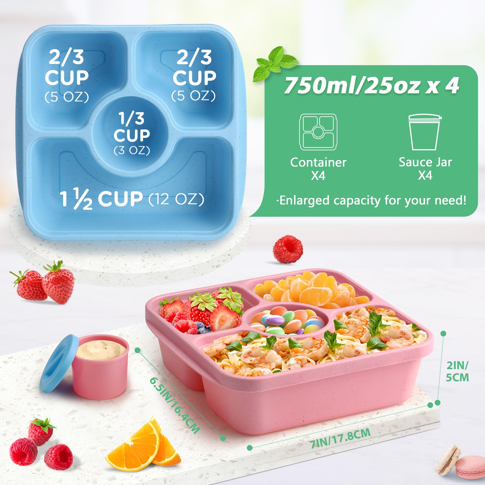 QQKO Bento 750ml 3+1 compartments keeps meals organized on the go.