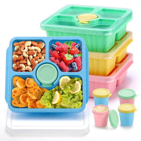 QQKO Bento Box four-pack in vibrant colors with three compartments for balanced meals on the go.