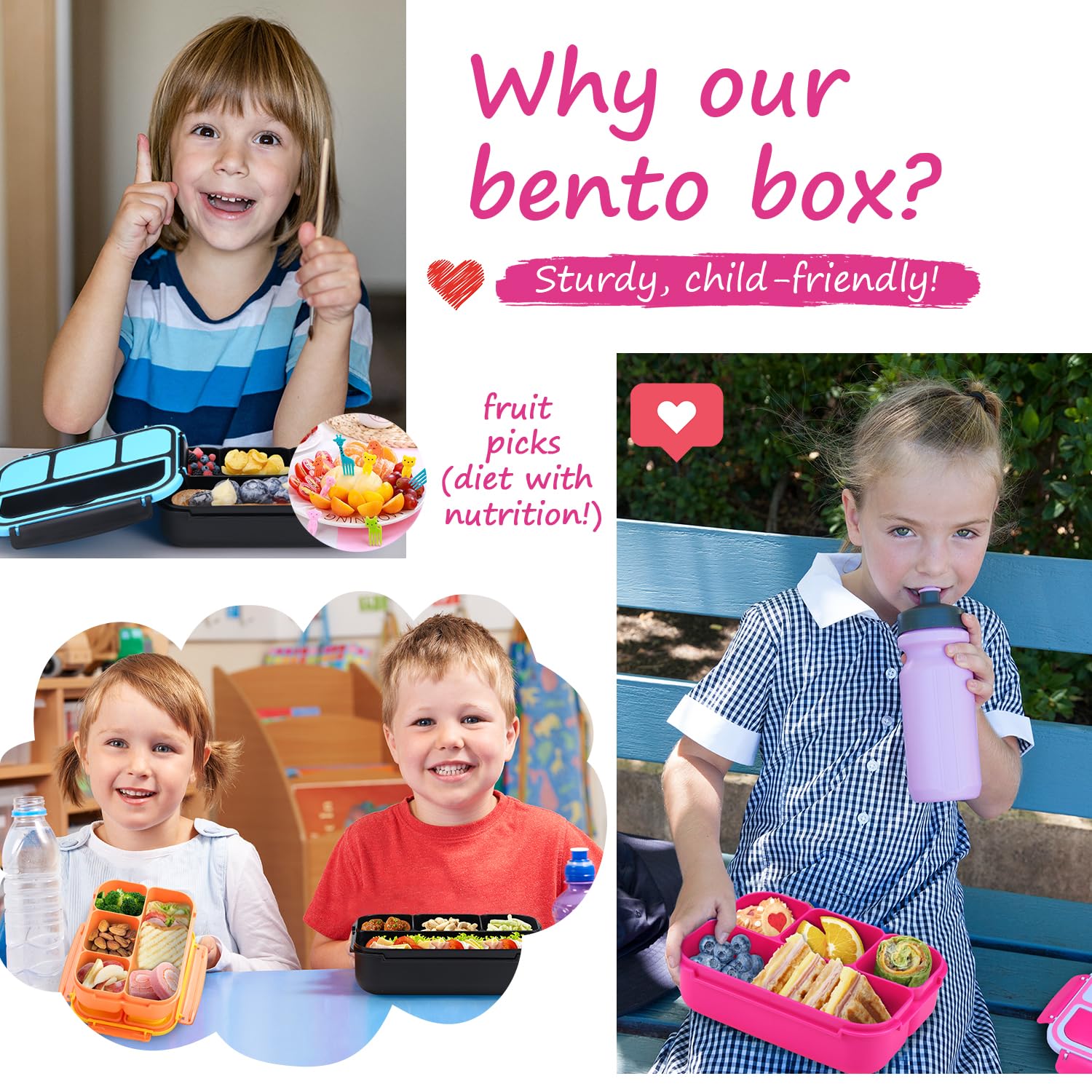 QQKO easy-open buckles simplify packing and sharing lunch with children.