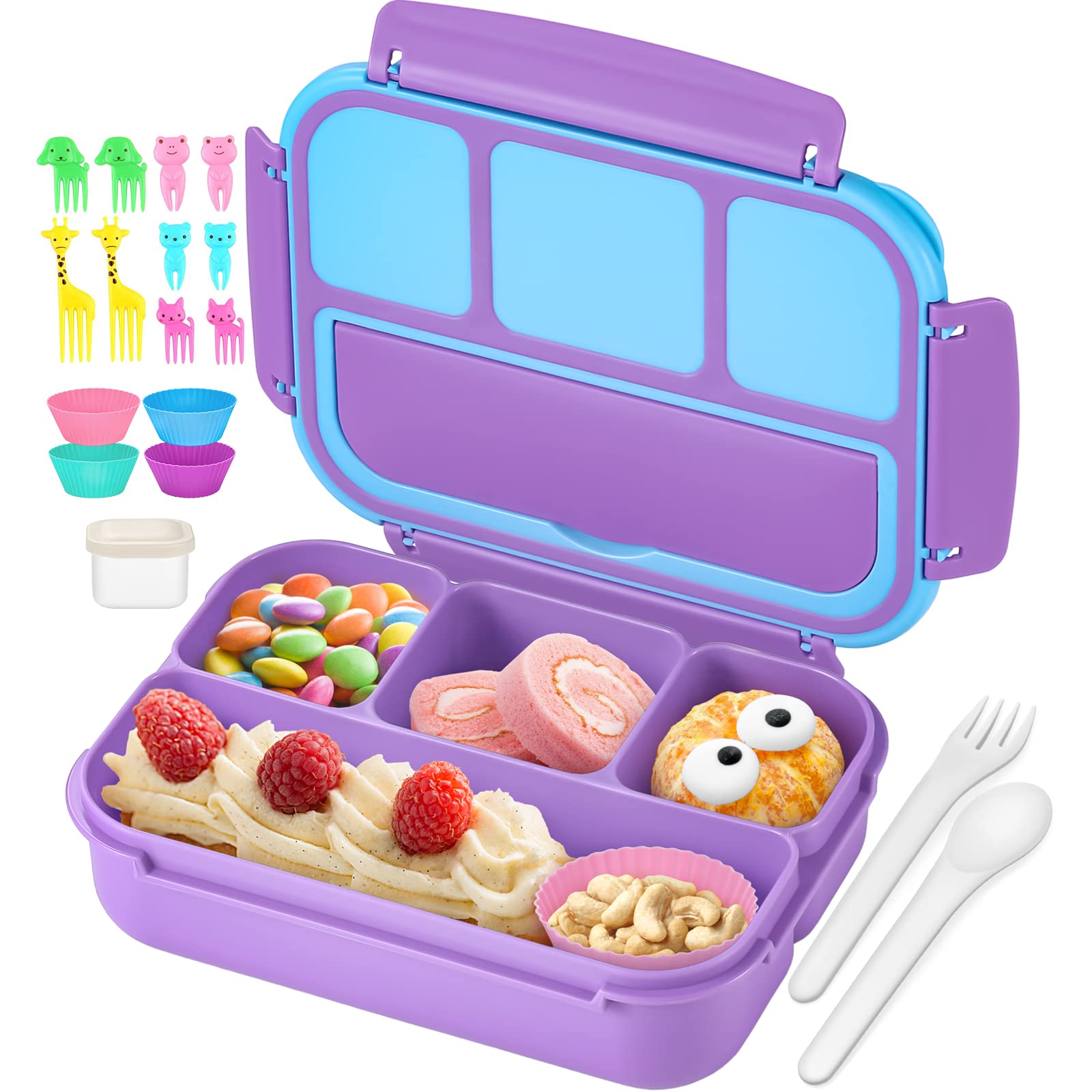 QQKO bento lunch box front view in purple with four compartments for organized meals