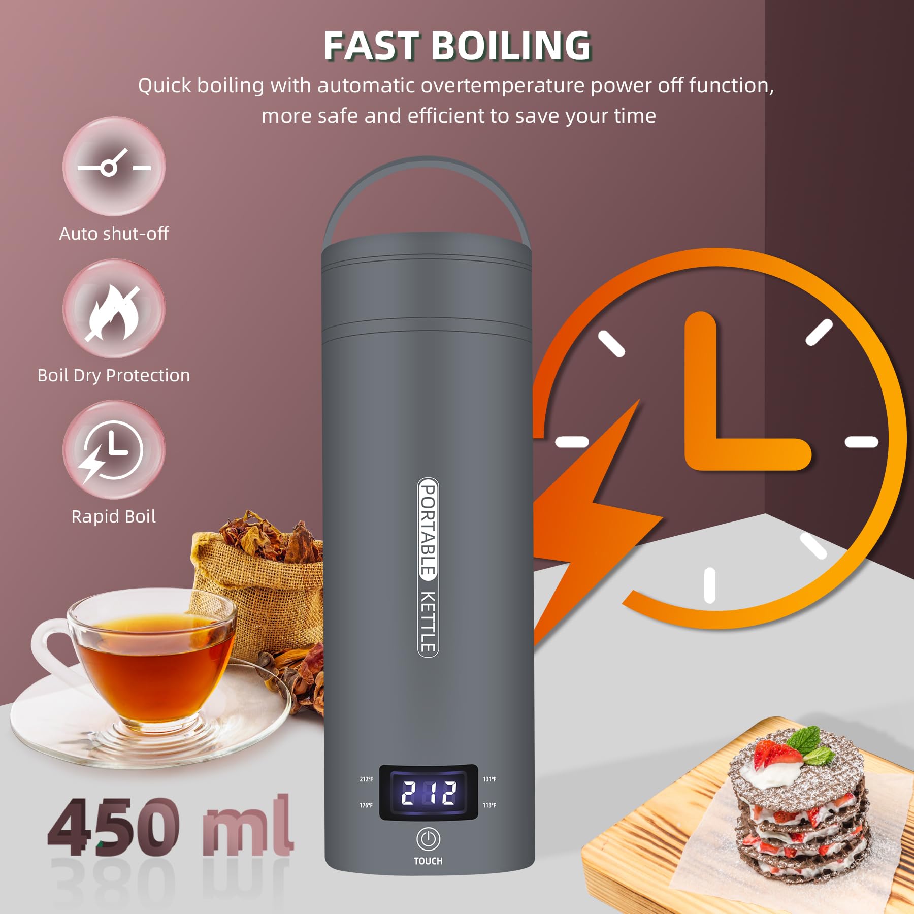 QRAGJBM Travel Kettle 304 stainless interior ensures durability and clean-tasting hot water.