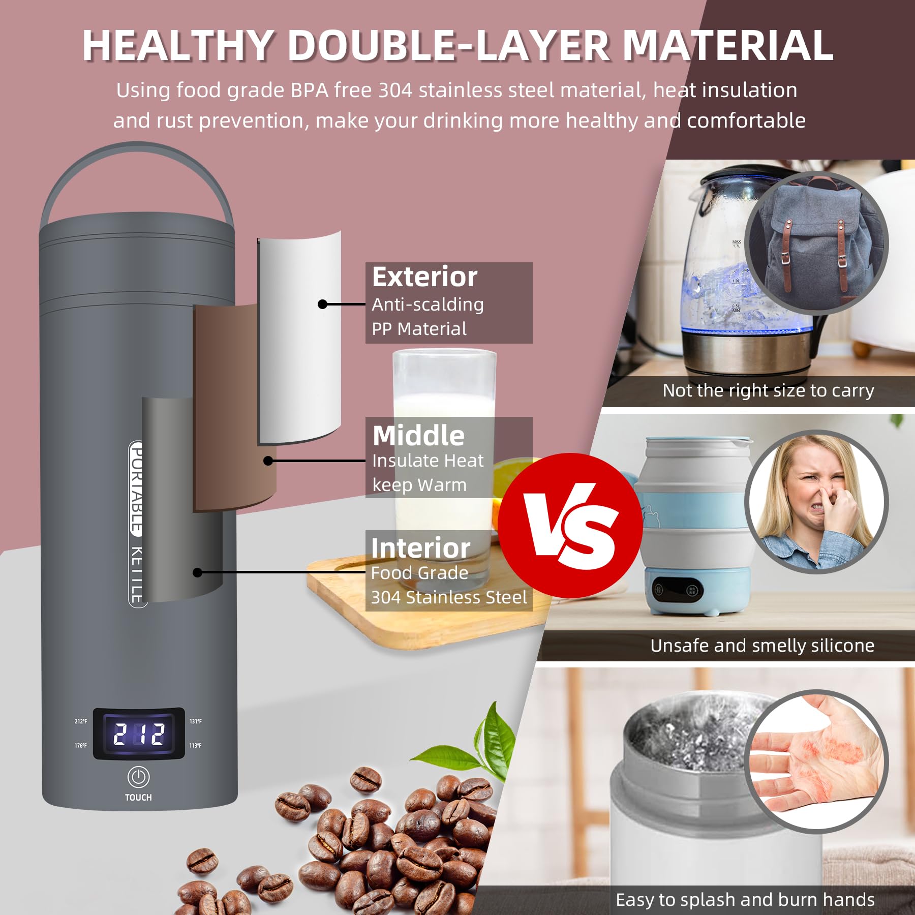 QRAGJBM Travel Kettle double-wall insulation keeps water warm and hands cool.