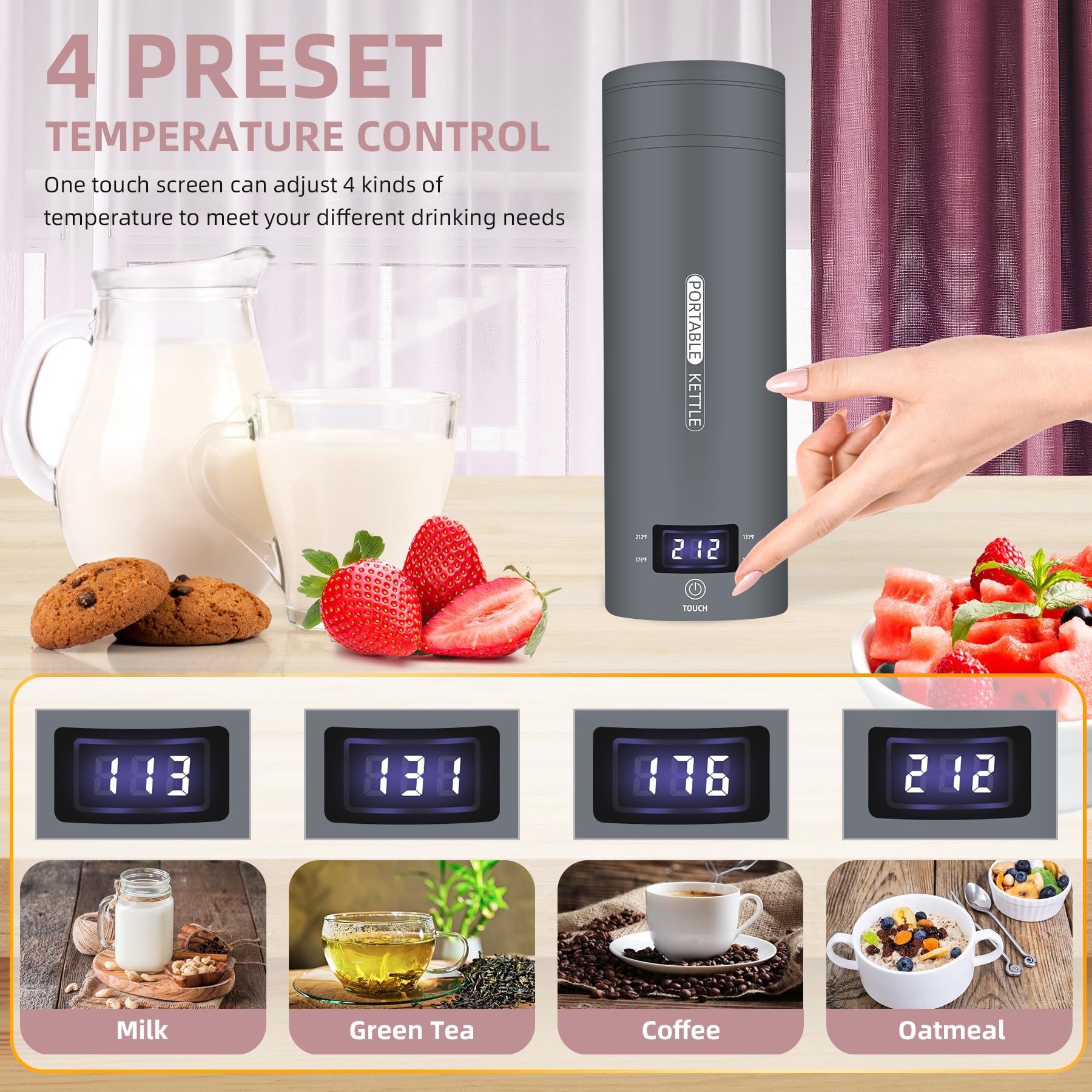 QRAGJBM Travel Kettle LCD display shows precise temperature for intentional brewing.
