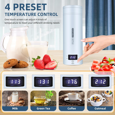 QRAGJBM portable kettle temperature presets 212, 176, 131, 113°F for versatile drinks.