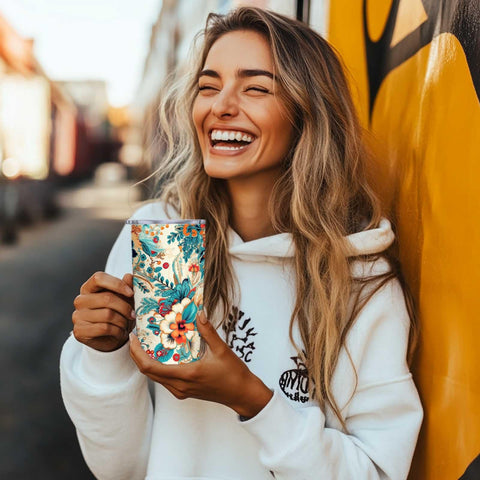 QruKinx Floral Tumbler in use for coffee or iced drinks on the go