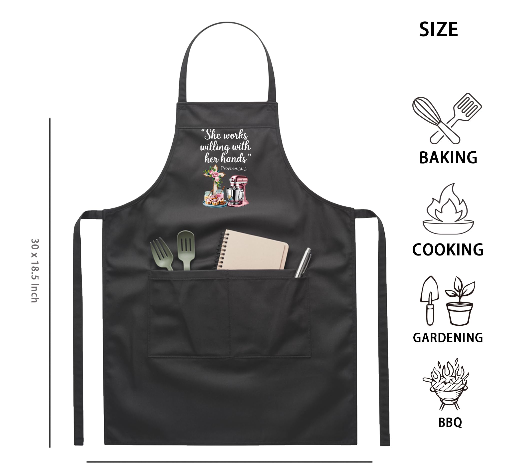 QSLEUNG apron with Proverbs 31:13 motif in action, great for gifting.