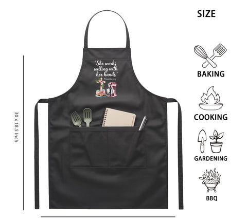 QSLEUNG apron with Proverbs 31:13 motif in action, great for gifting.