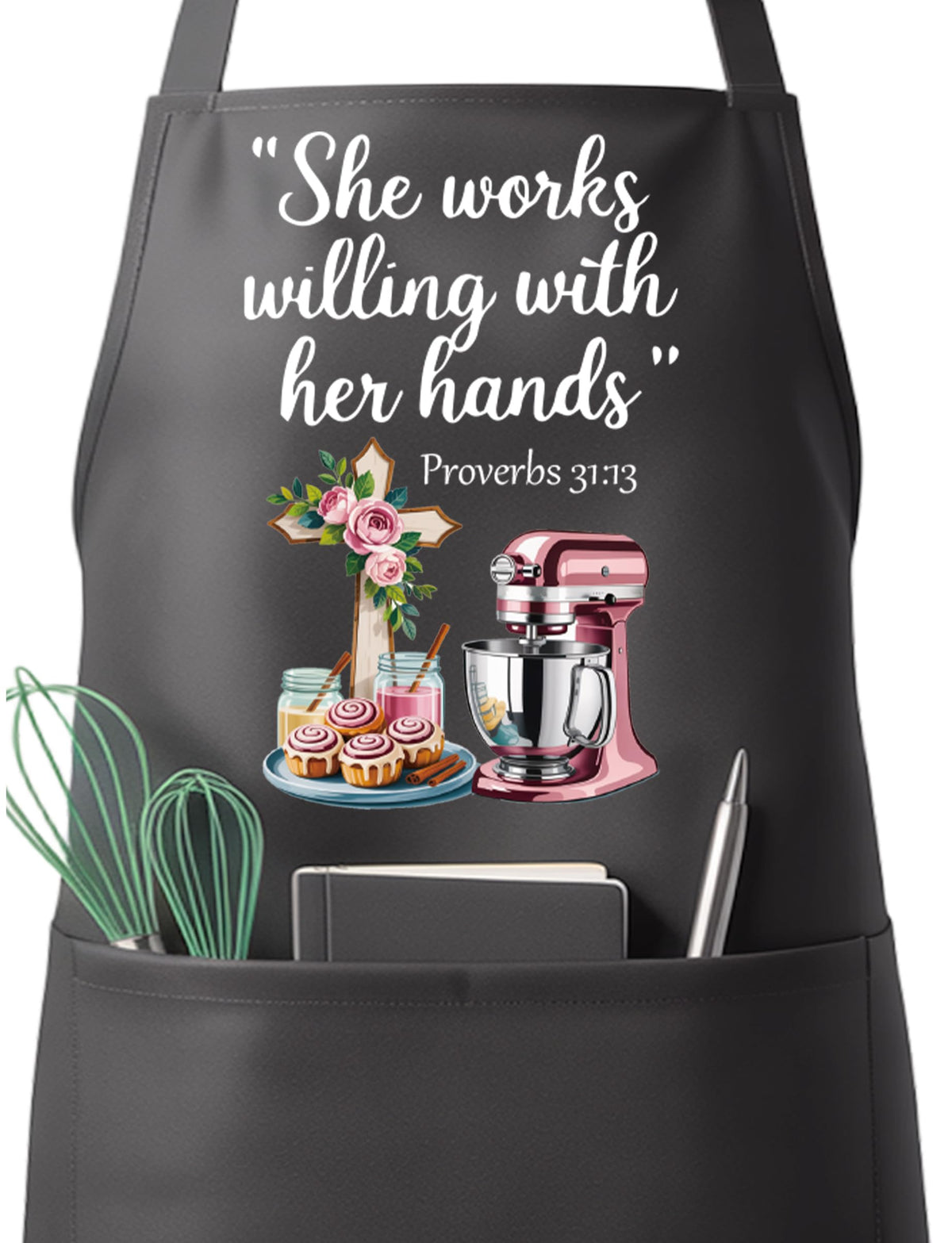 QSLEUNG Christian apron for women, front view with adjustable neck and Proverbs 31:13 motif.