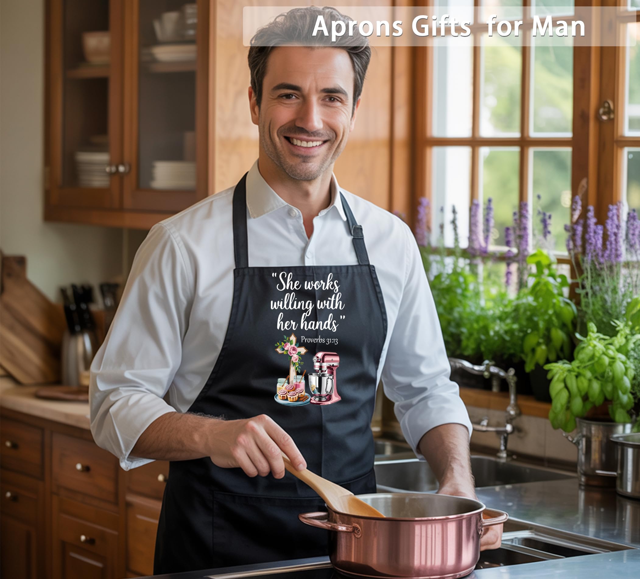 QSLEUNG apron in kitchen setup, highlighting spacious pockets and durable fabric.