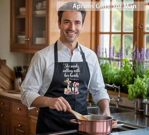 QSLEUNG apron in kitchen setup, highlighting spacious pockets and durable fabric.