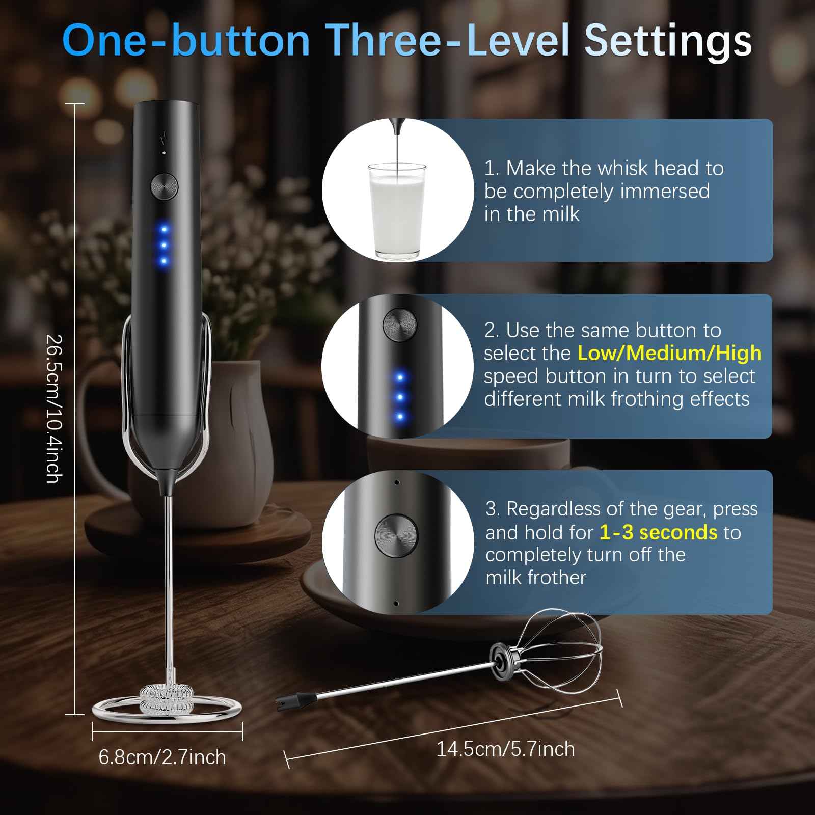 QTDHG milk frother with detachable stainless heads enables quick texture changes.