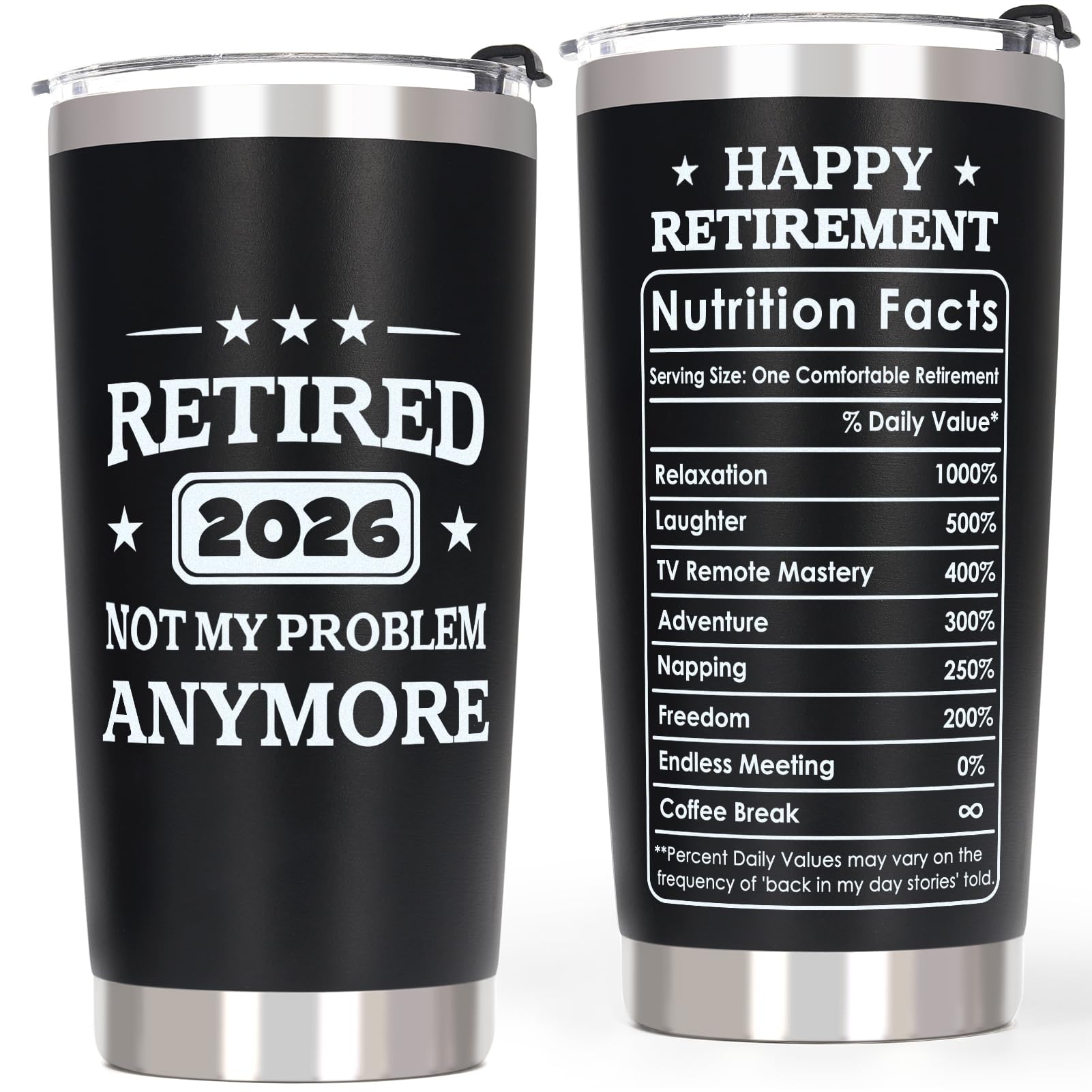 QTDS Retired 2026 tumbler front view with humor, ideal for hot coffee on the go.