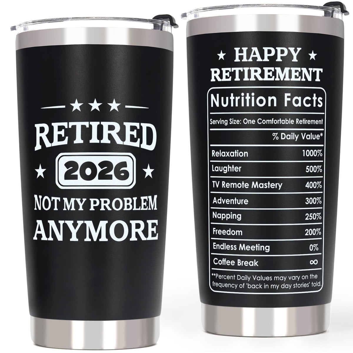 QTDS Retired 2026 tumbler front view with humor, ideal for hot coffee on the go.