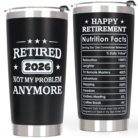 QTDS Retired 2026 tumbler front view with humor, ideal for hot coffee on the go.