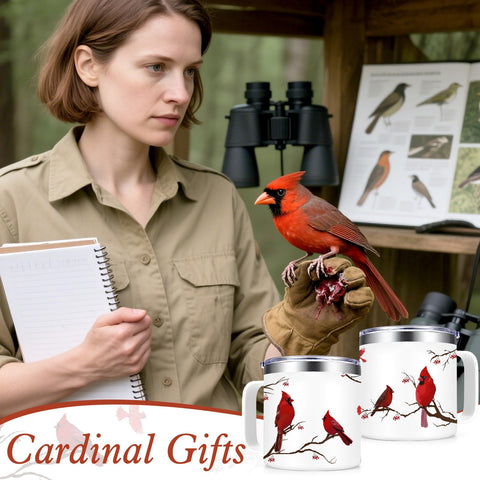 Qtencas 14oz insulated mug with red cardinal closeup keeps beverages hot or cold.