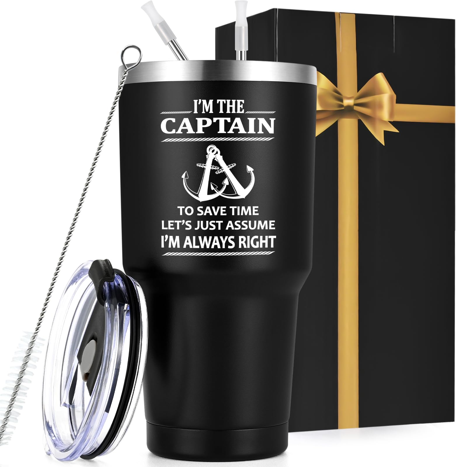 Qtencas Captain Tumbler front view highlighting the 30oz capacity and black finish for boating use