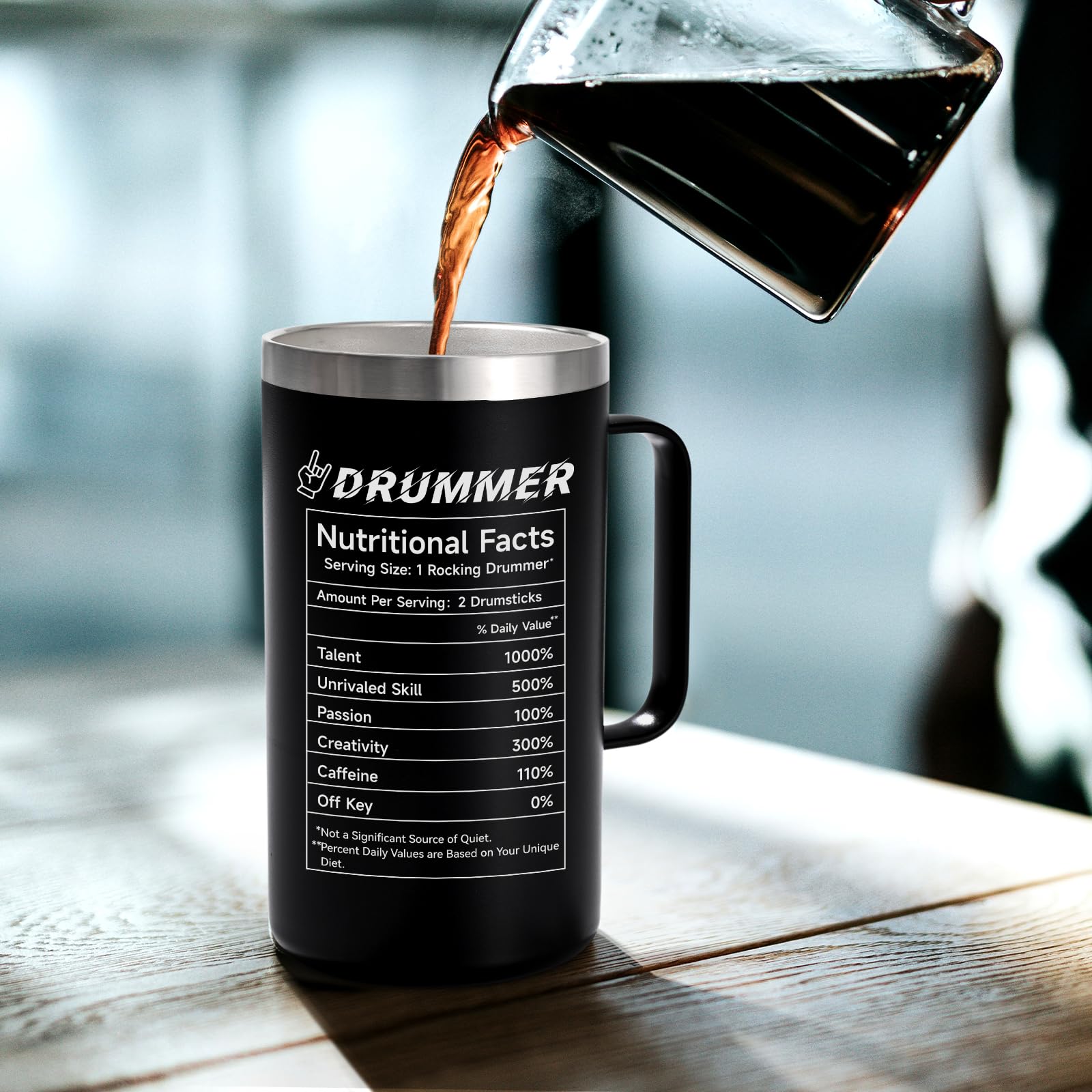 Qtencas drummer mug double-wall insulation keeps drinks hot up to 5 hours or cold up to 9 hours.