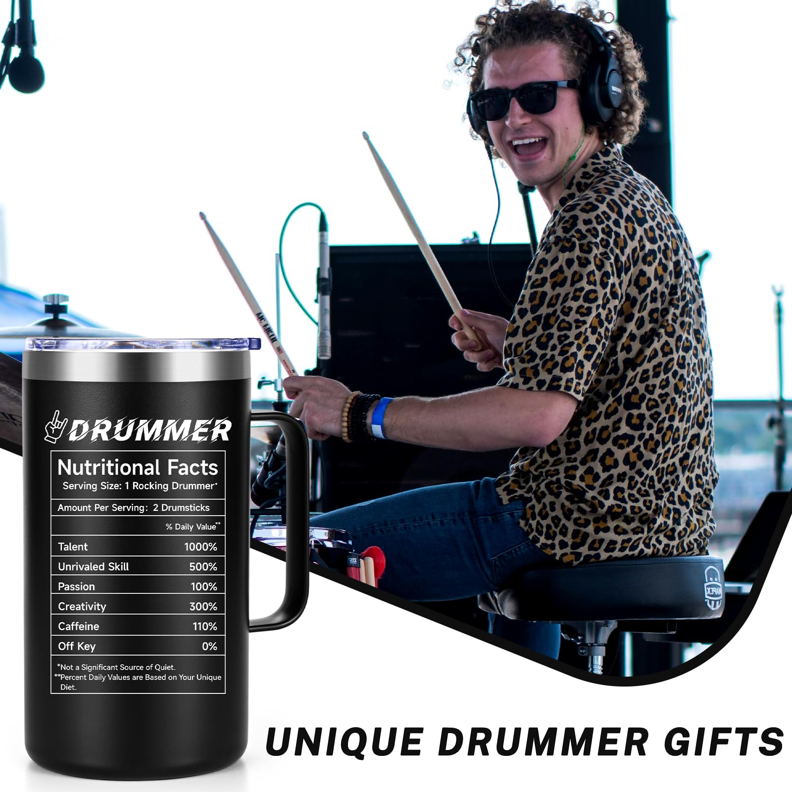 Qtencas drummer mug leak-proof lid prevents spills during outdoor gigs, travel, or casual days.