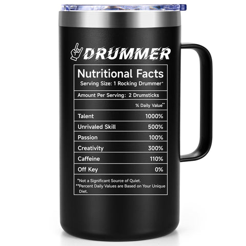 Qtencas drummer mug 20oz with nutritional facts label, ideal for daily caffeine before practice.