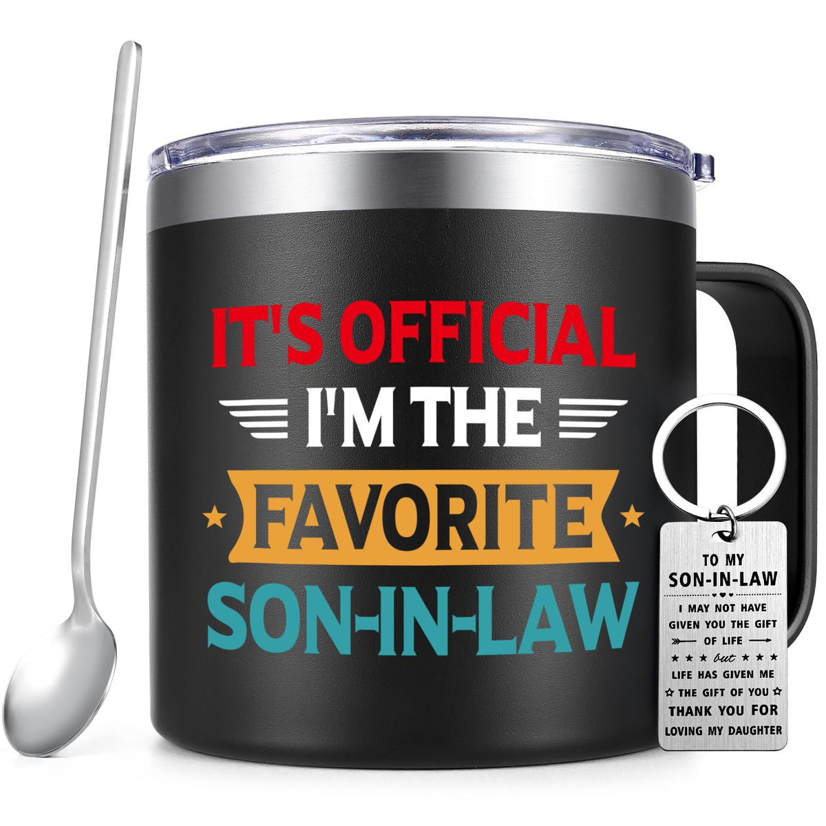 Qtencas son-in-law mug front view showing printed message for Father's Day gift.