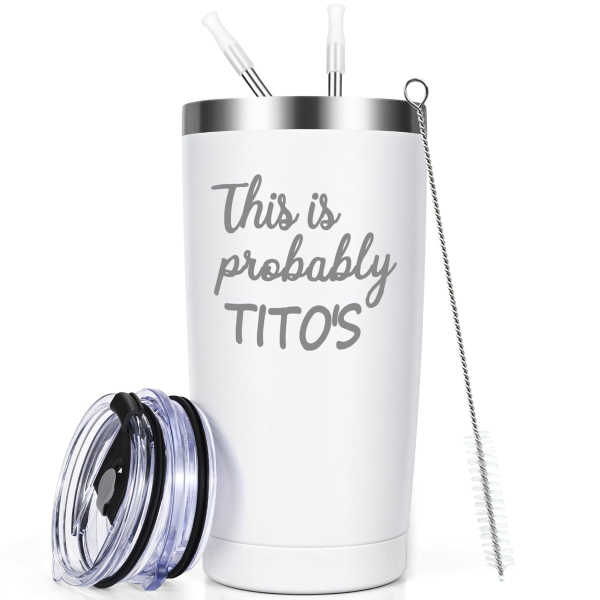 Qtencas Tito's Tumbler 20oz white, ideal for on-the-go cold beverages.