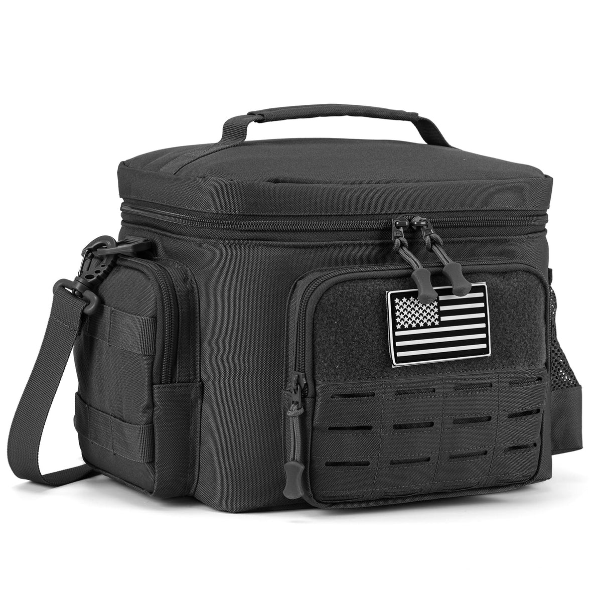 QT&QY tactical lunch bag front view in black, durable daily use.