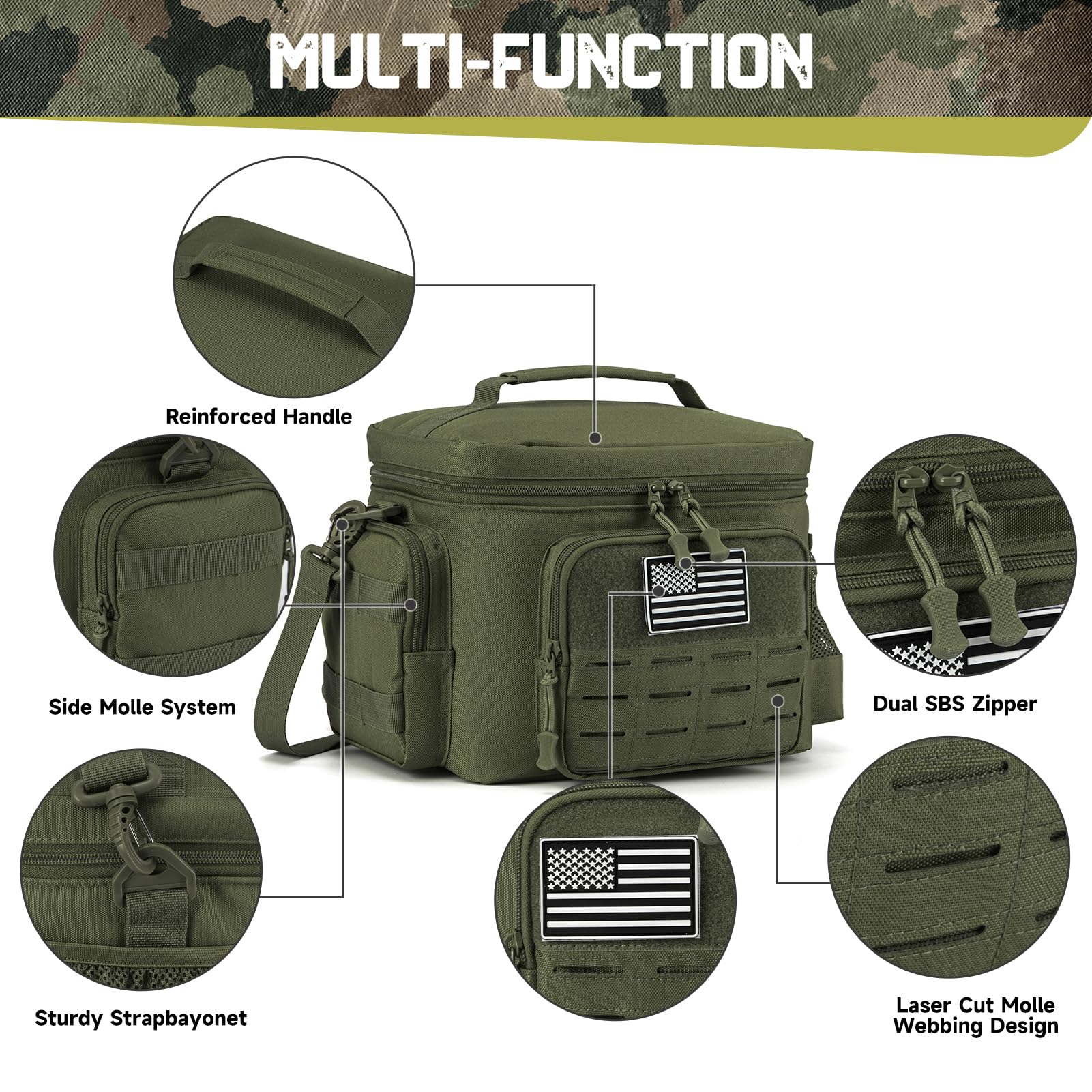 QT&QY Lunch Bag MOLLE webbing for customization and accessibility.