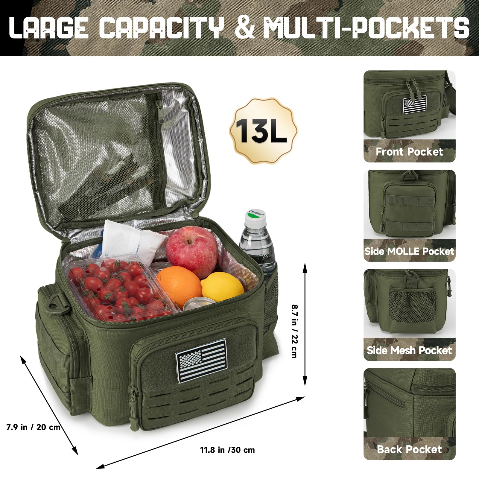 QT&QY Lunch Bag side mesh pocket holds a bottle within reach.