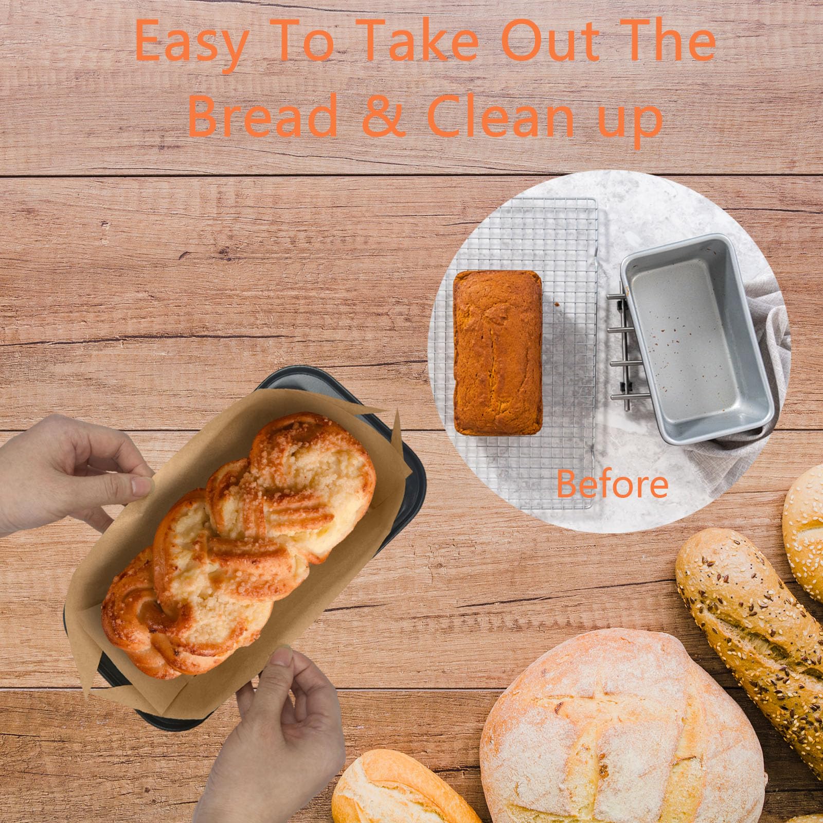 QTRQTR baking paper sheets used inside loaf pan for easy batter release