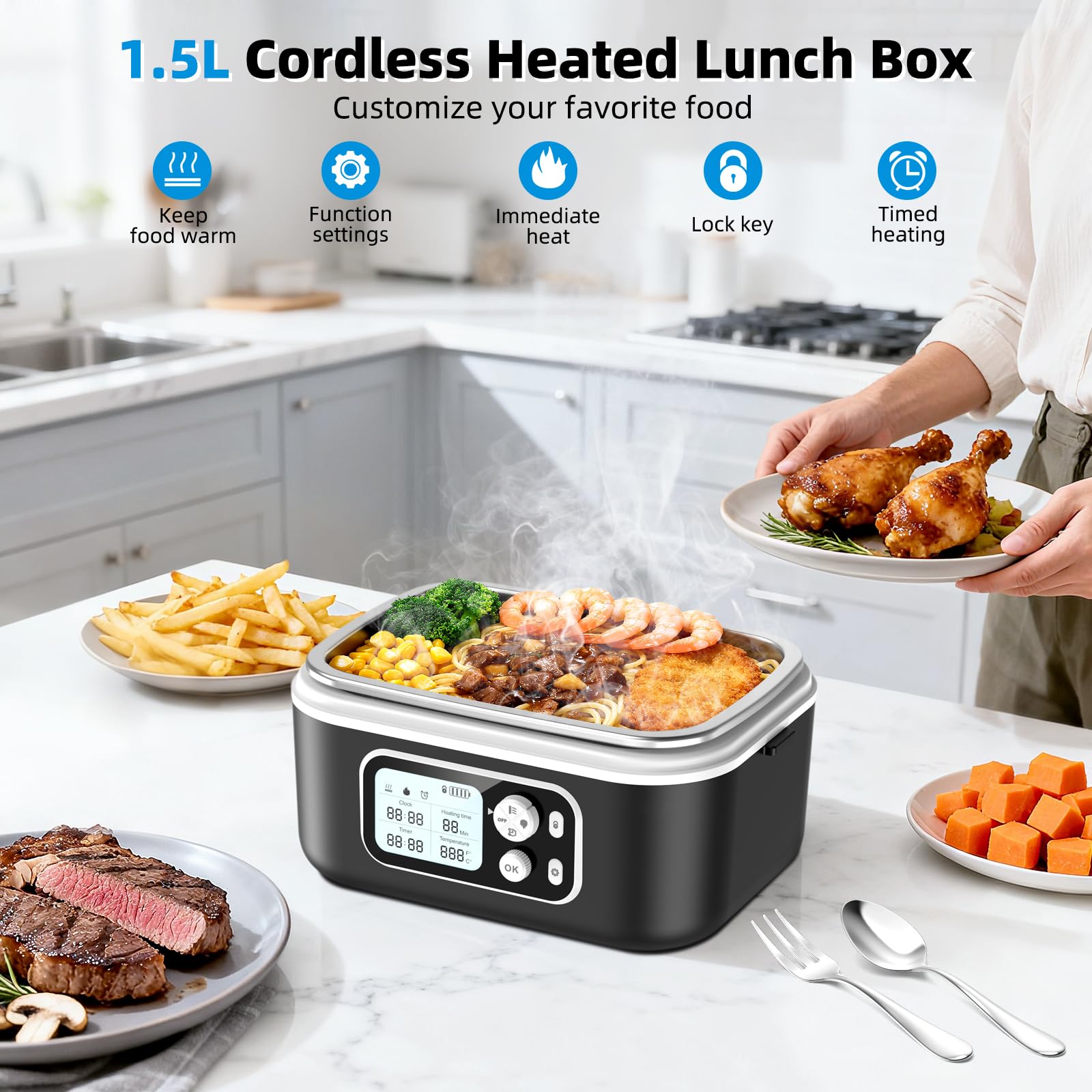 Qtyatvmoto heated lunch box showing 1.5L capacity suitable for multiple portions