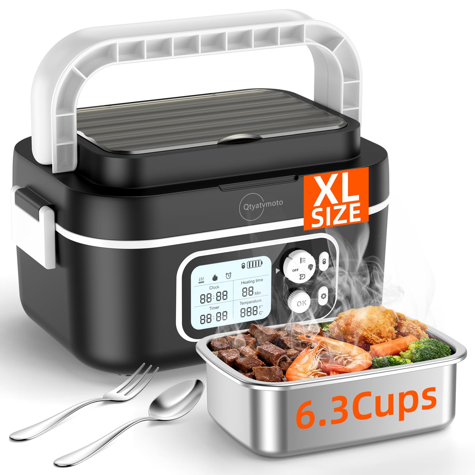 Qtyatvmoto heated lunch box with lid open for quick hot meals on the go