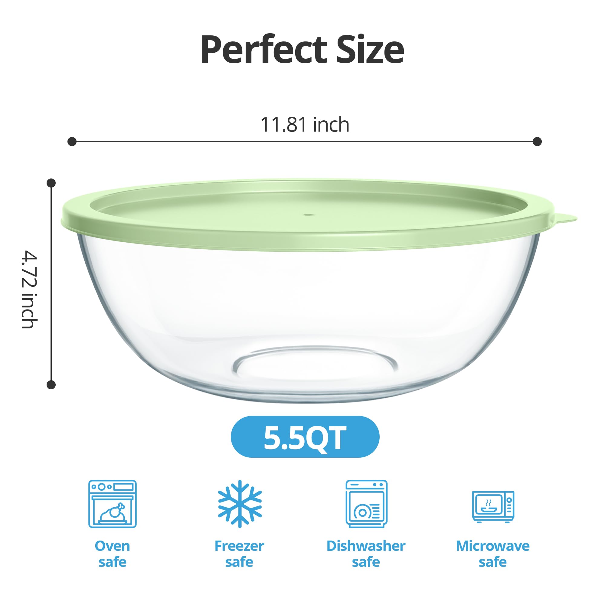Quald 5.5 qt glass mixing bowl showcases ample capacity for large batches.