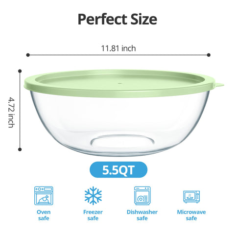 Quald 5.5 qt glass mixing bowl showcases ample capacity for large batches.