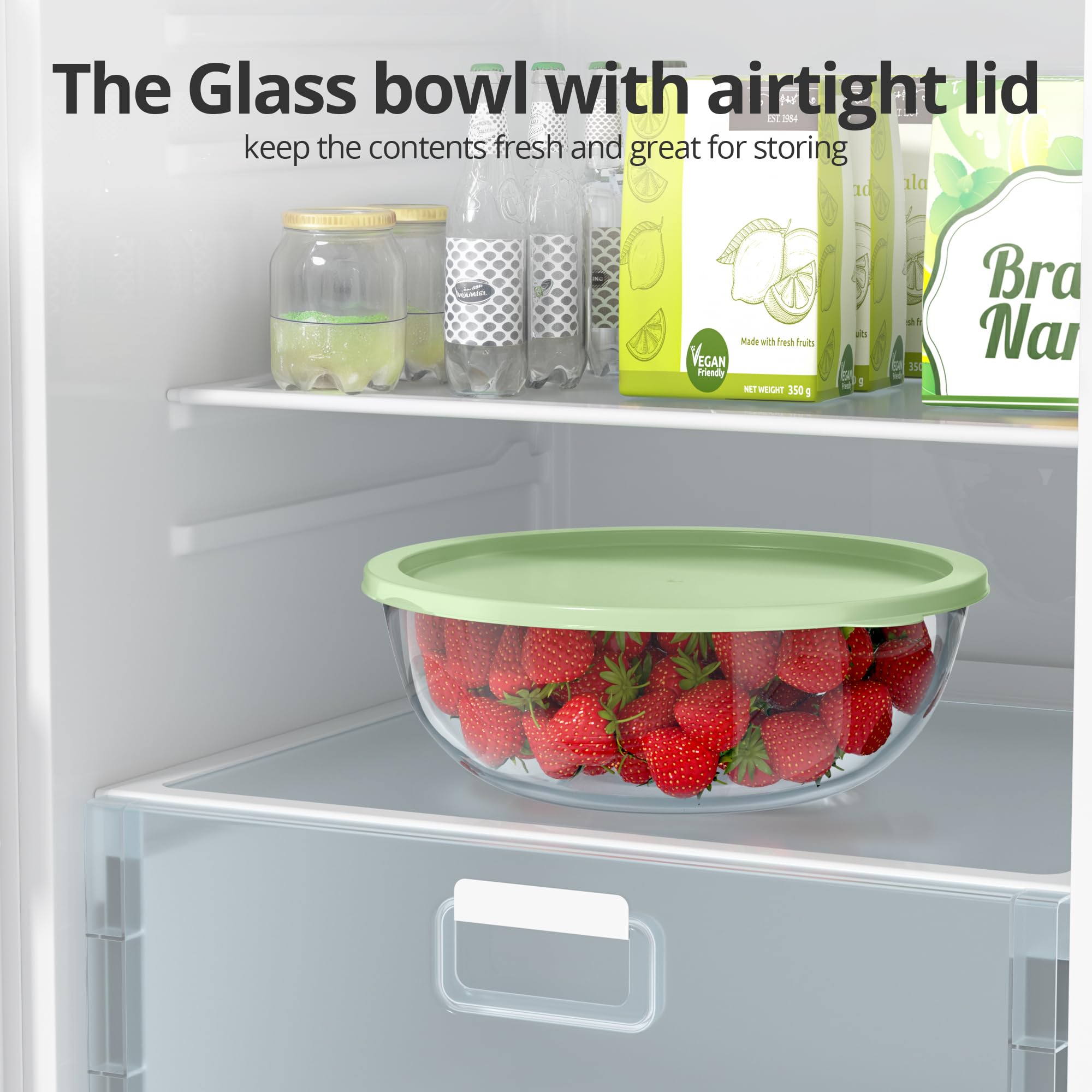 Quald dishwasher-safe glass mixing bowl cools and cleans easily after use.