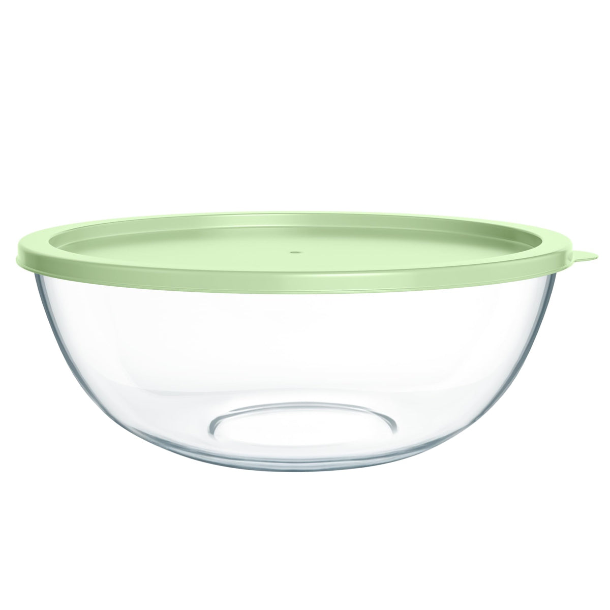 Quald extra-large glass mixing bowl viewed from top for salads and batter prep.