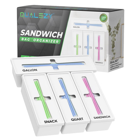 Qualezy baggie drawer organizer in white keeps gallon bags neatly organized for quick access.