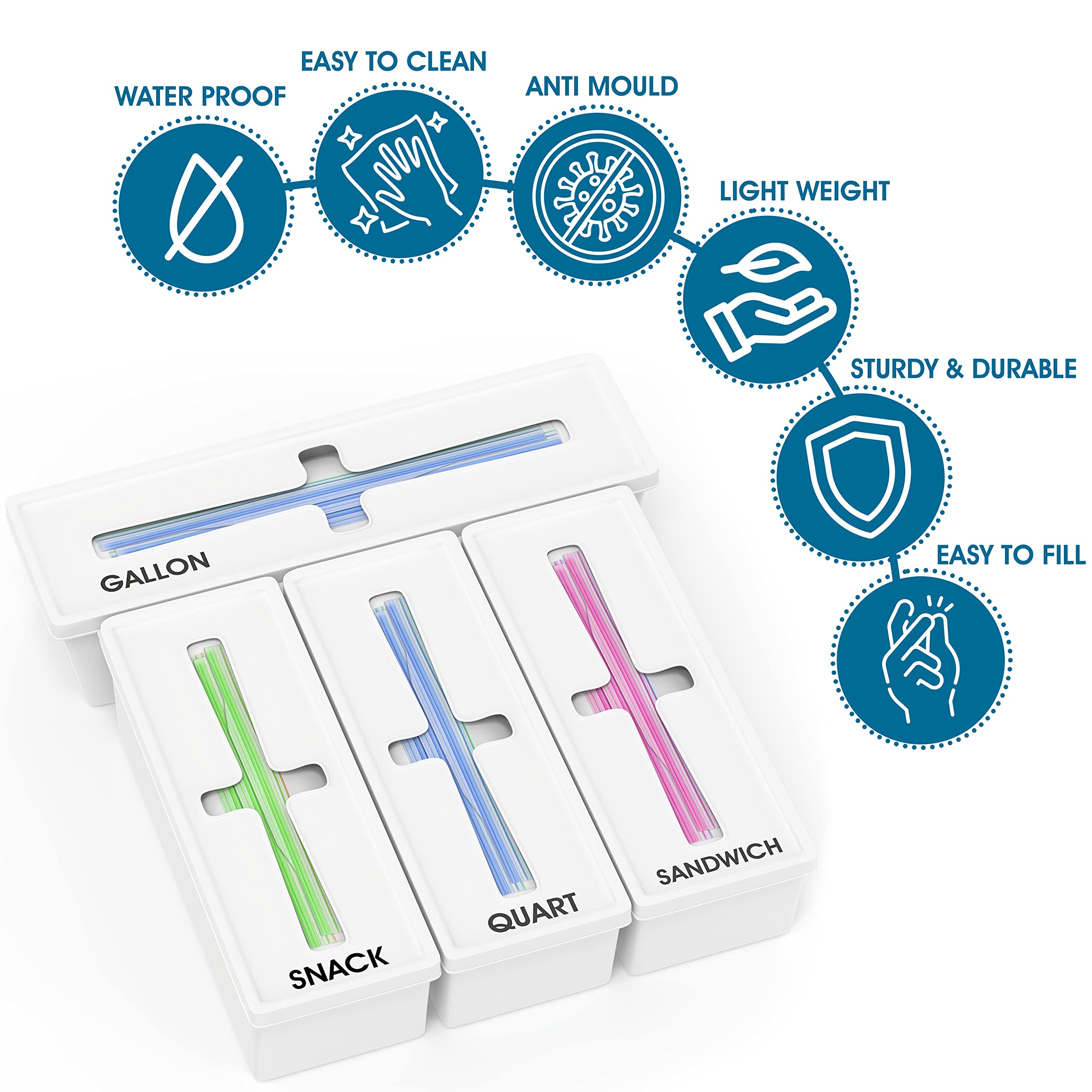 Qualezy four-box design fits on counters, drawers, or cabinets.