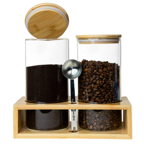 QUALLON glass coffee containers with shelf keep beans fresh and kitchen tidy.