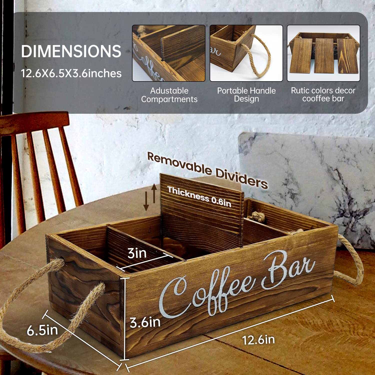 QUALLON wooden coffee bar storage box in rustic finish with jute handle