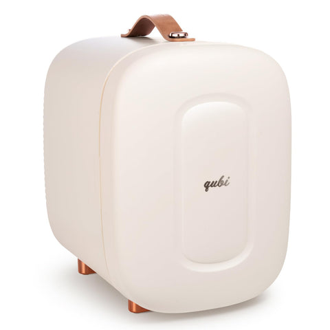 QUBI Mini Fridge cream white on vanity keeps skincare cool and accessible