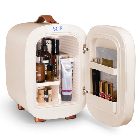 QUBI Mini Fridge interior with organized shelves to separate serums and masks