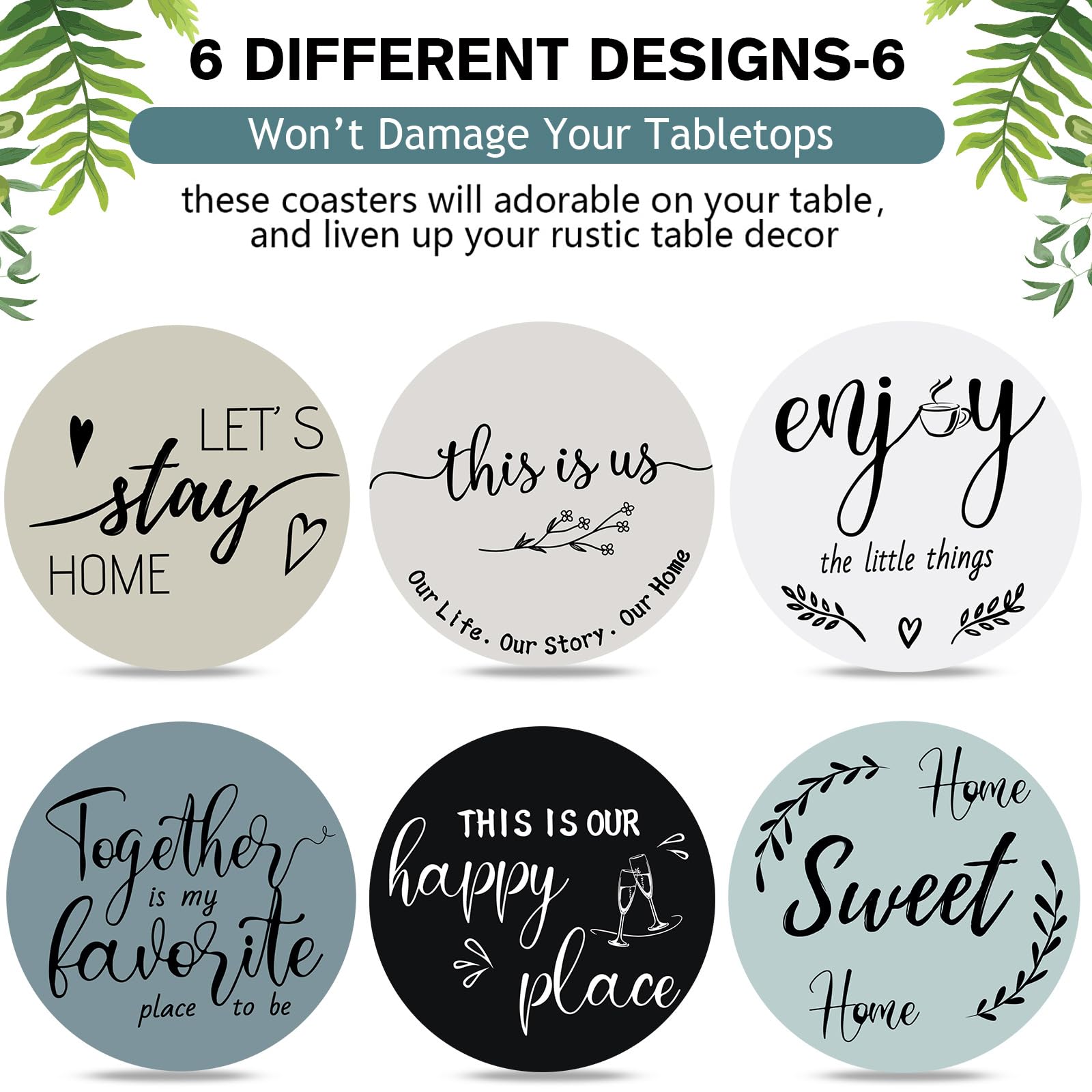 Queekay round wooden coasters in six styles for versatile settings.