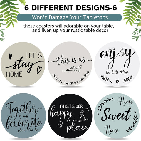 Queekay round wooden coasters in six styles for versatile settings.