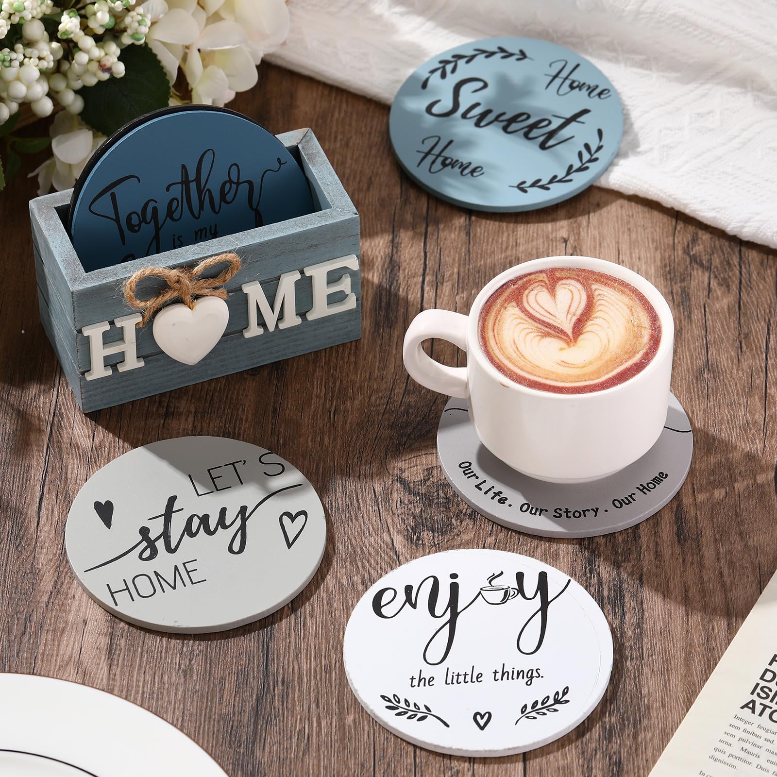 Queekay farmhouse-style coasters with durable polished wood.